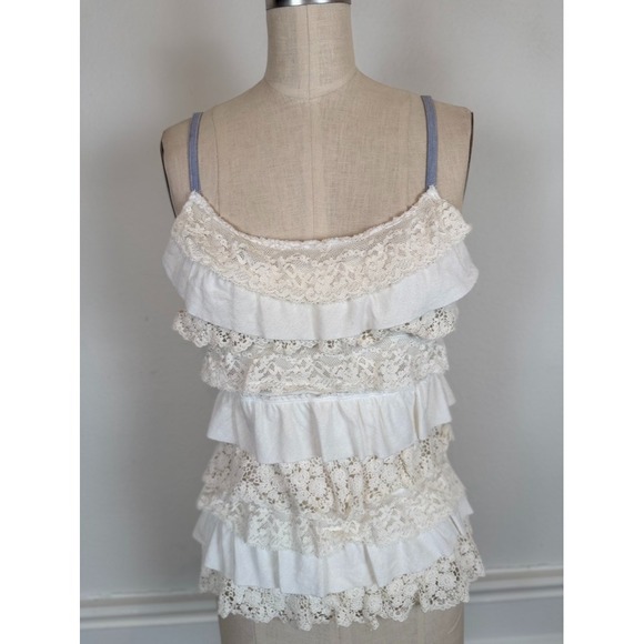 Hollister Lace Ruffle Cami Top XS Ivory Boho Tiered Cottagecore Boho Festival - Picture 4 of 9